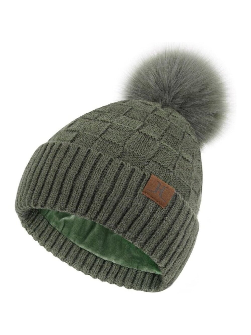 Womens Winter Beanie Hat Knit Plaid Fleece Lined Pompom Cap Cold Weather Gift